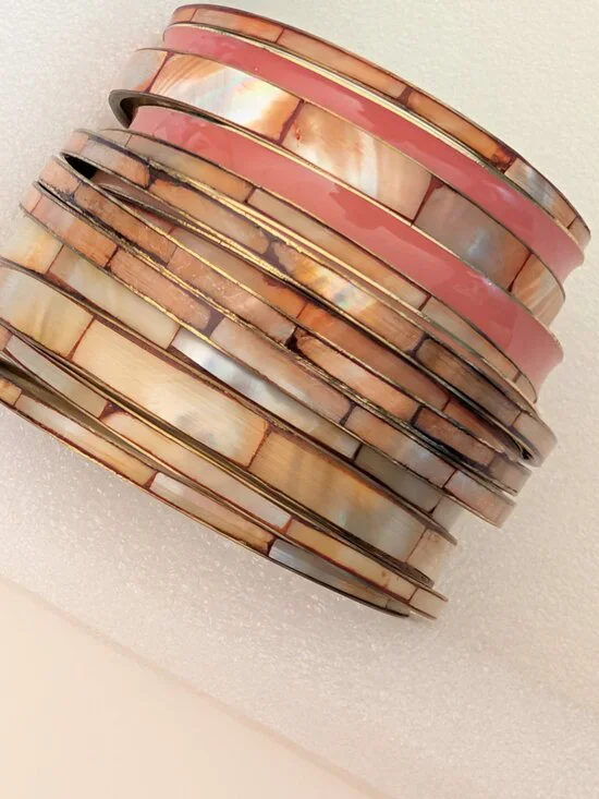 Bundle of orange toned paneled MOP bangles with coordinating enamel bangles - Picture 7 of 8